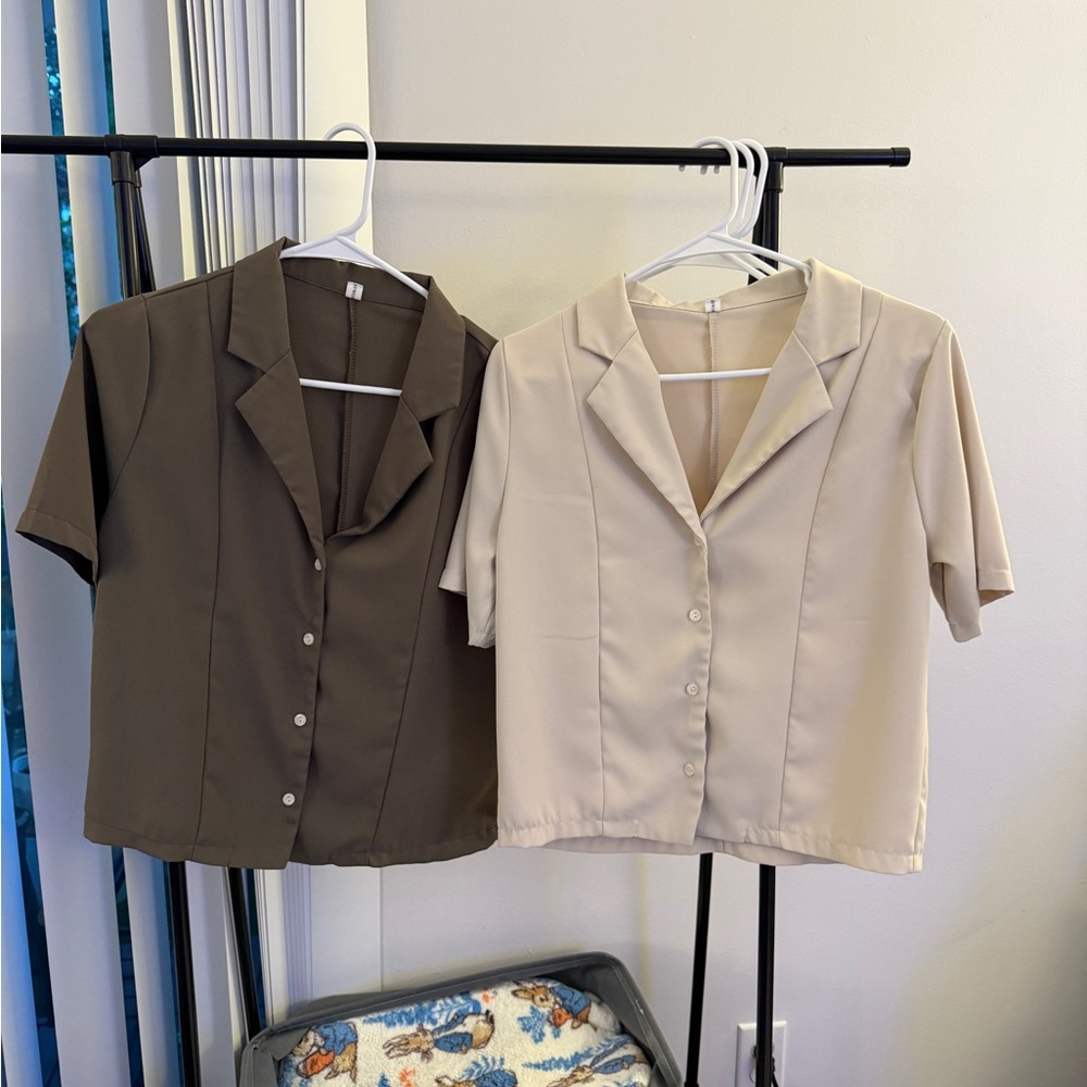 Elegant Women's Button-Up Tops - Brown and Cream 2pcs in size xs-s